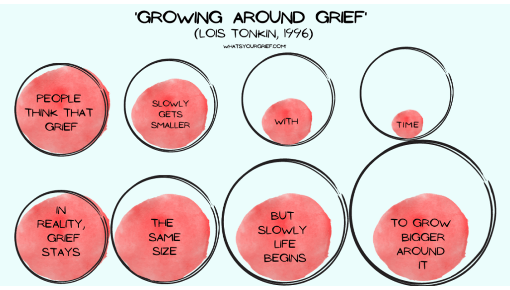 Graphic about "growing around grief" from Lois Tonkin. Reads: People think that grief slowly gets smaller with time. In reality, grief stays the same size but slowly life begins to grow bigger around it.